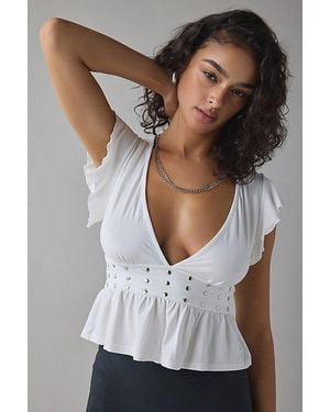 Motel Leisma Plunging Studded Frill Peplum Top - Gray