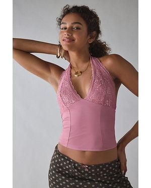 Urban Outfitters Uo Luna Mixed Lace Trim Plunge Halter Top - Pink