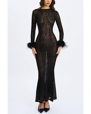 Miss Circle Patricia Fur Trim Burnout Velvet Maxi Dress - Black