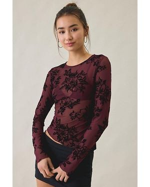 Kimchi Blue Raya Sheer Floral Burnout Mesh Long Sleeve Top - Red