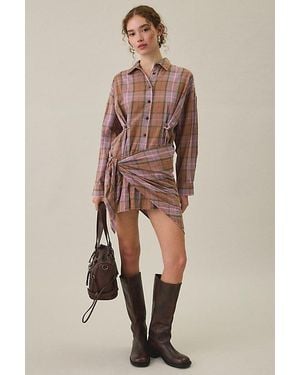 Urban Outfitters Bdg Cordelia Multiway Scarf Tie Plaid Shirt Mini Dress - Natural