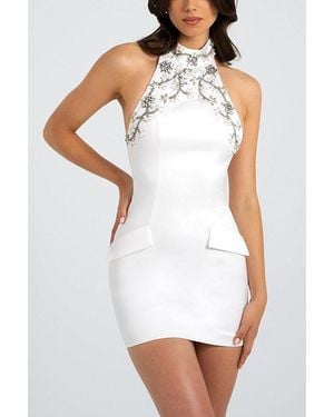 Miss Circle Ori Halter Neck Crystal Pearl Mini Dress - White