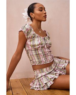 Kimchi Blue Nadia Checked Shirred Blouse 2xs At Urban Outfitters - Brown
