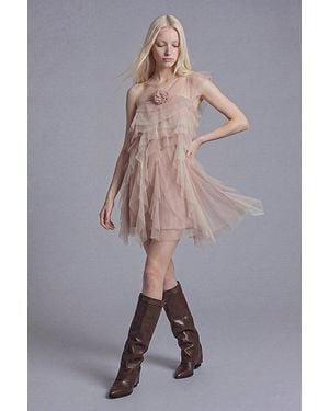 Slate Pink Asymmetrical One-Shoulder Tiered Tulle Mini Dress With Rosette Detail - Pink
