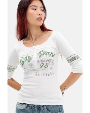 BDG Appliqué 3/4 Sleeve Henley T-shirt - Grey