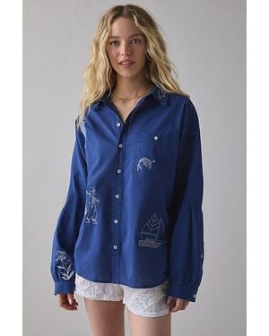 BDG Alex Embroidered Graphic Oversized Cotton Button-Down Shirt - Blue