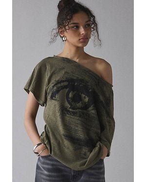 BDG Courtney Eye Graphic Off-The-Shoulder Oversized Tee - Gray
