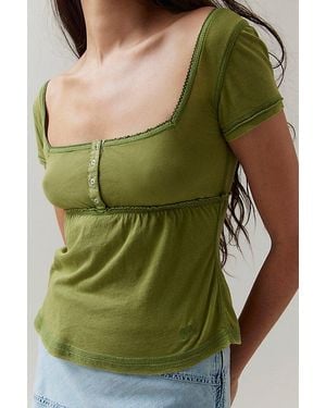 BDG Brittney Square Neck Henley Babydoll Tee - Green