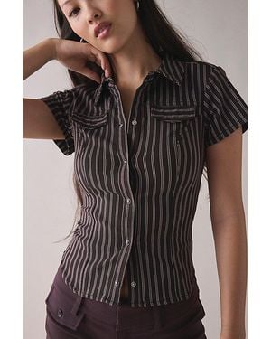 Silence + Noise Polly Slim Short Sleeve Snap-Button Shirt Top - Black