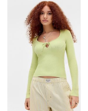 Urban Outfitters Uo Long Sleeve Keyhole Rib Knit Top - Green