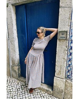 Amy Lynn Beatrix Pure Cotton Smocked Plaid Midi Dress - Blue