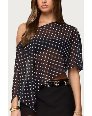 Edikted Sheer Chiffon Asymmetric Polka Dot Poncho Top - Black