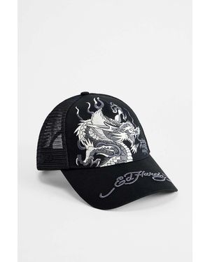 Ed Hardy Black Mono Giant Dragon Trucker Hat - Blue