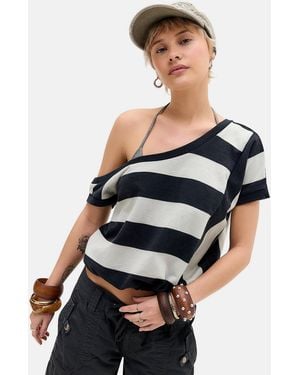 Urban Outfitters Uo Cordelia Stripe Off-shoulder Sweatshirt - Black