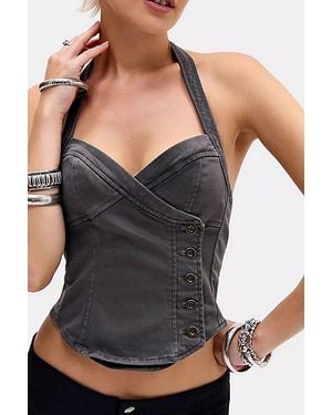 BDG Marceline Asymmetric Wrap Button-Front Halter Top - Black