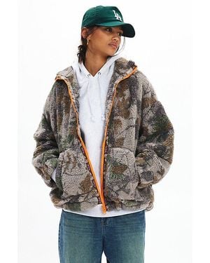 BDG Mae Printed Piled Fleece Zip-Up Jacket - Gray