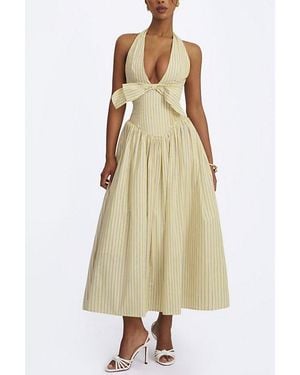 Miss Circle Talise Cotton Poplin Stripe Plunging Halter Maxi Dress - Natural