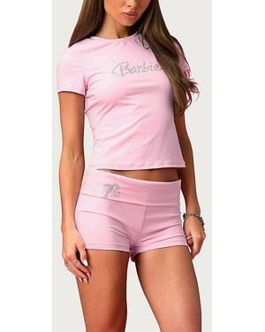 Edikted Barbie Rhinestone Foldover Shorts - Red