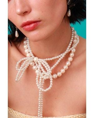 Velvet Luna Pearl Bow Wrap Necklace - White