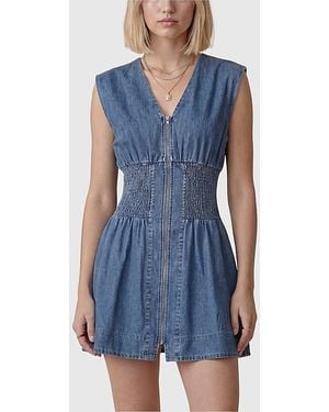 Modenaire Cap Sleeve Smocked Waist Mini Dress With Front Zip Closure - Blue