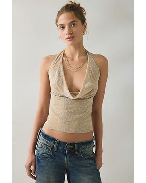 Motel Muna Velvet Burnout Floral Plunging Cowl Halter Top - Green
