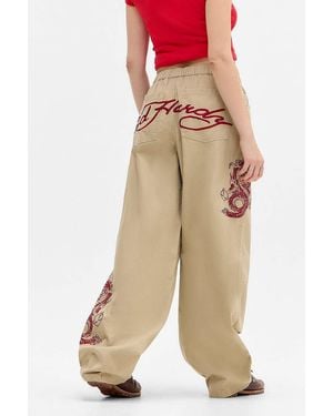 Ed Hardy Uo Exclusive Wide Leg Embroidered Trousers - Natural