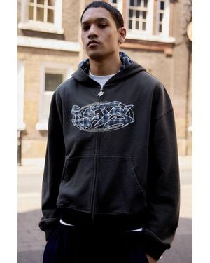 iets frans... Washed Black Check Appliqué Zip-through Hoodie