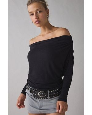 Urban Outfitters Uo Elena Long Sleeve Ruched Off-The-Shoulder Top - Black