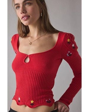 Kimchi Blue Joanie Embroidered Square Neck Puff Sleeve Cropped Sweater