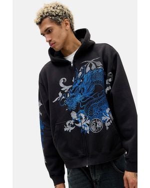Urban Outfitters Uo Washed Black Dragon Zip-through Hoodie - Blue