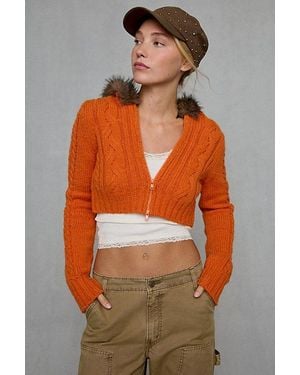 BDG Camille Cropped Cable Knit Zip-Up Hoodie Sweater - Orange