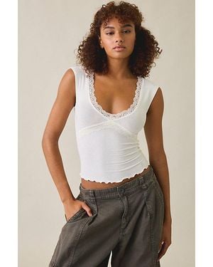 Out From Under Diana Plunging Lace Trim Cap Sleeve Top - White