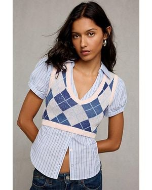 Kimchi Blue Seeing Double Short Sleeve Button-Down Twofer Top - Blue