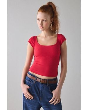 BDG Drew Cap Sleeve Square Neck Cropped Tee Top - Red