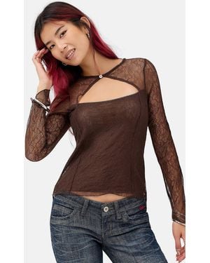 Silence + Noise Silence + Noise Lucille Lace Keyhole Long Sleeve Top - Brown