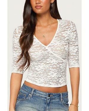 Edikted Olsi Sheer Lace Three-Quarter Sleeve Top - Gray