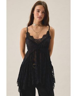 Out From Under Waterfall Asymmetric Tiered Ruffle Lace Slip - Black