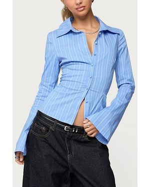 Edikted Pinstripe Tailored Button Up Shirt Top - Blue