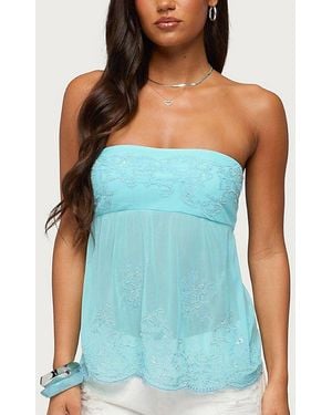 Edikted Corra Rhinestone Lace Cutout Top - Blue