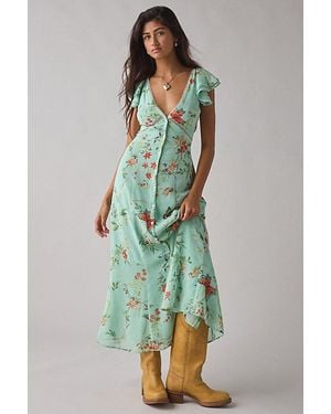 Kimchi Blue Ruffled Romance Cutout Tie-Back Slip Midi Dress - Green