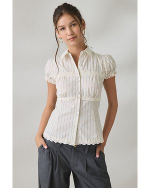 BDG Carolyn Lace Trim Puff Sleeve Button-Down Shirt - White