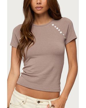 Edikted Rowan Iridescent Button Raglan T Shirt Top - Brown