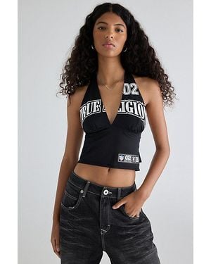 TRUE RELIGION Graphic Sporty Stretch Mesh Halter Top - Black