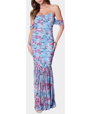 Bebe Off Shoulder Ruched Floral Mesh Gown - Blue