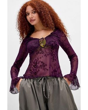 Urban Outfitters Uo Tegan Flocked Flute Long Sleeve Blouse - Purple