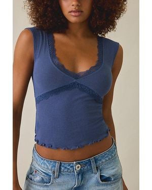 Out From Under Diana Plunging Lace Trim Cap Sleeve Top - Blue
