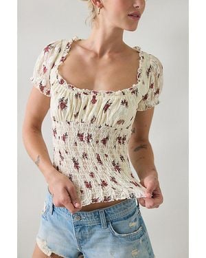 BDG Flora Lace Smocked Square Neck Milkmaid Blouse - Natural