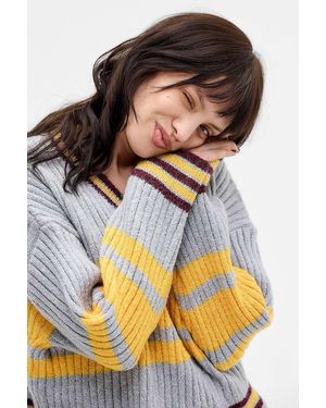 BDG Textured Stripe V-neck Jumper - Grey