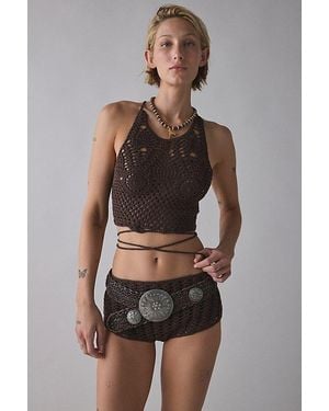 Out From Under Delilah Crochet Lace-Up Bra Top - Brown