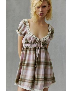 Out From Under Bear Hug Plaid Babydoll Romper - Grey